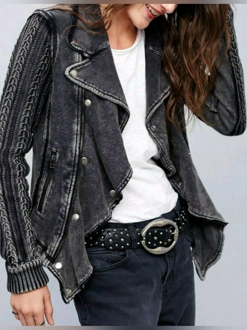 Free People Distressed Moto Cotton Jacket/Sweater - Picture 6 of 15